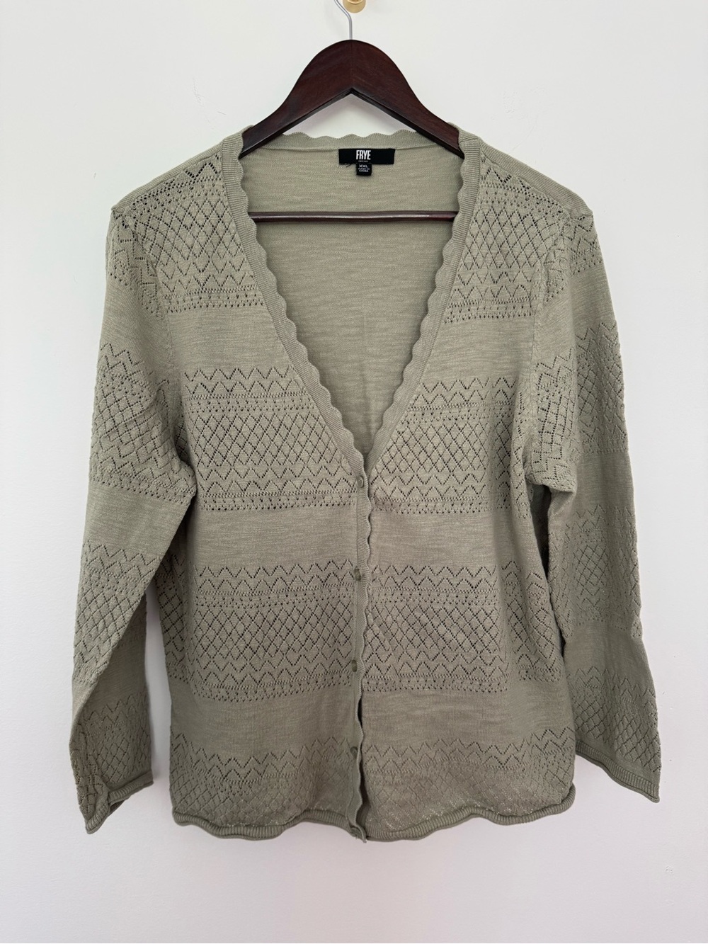 Frye Cardigan Womens XXL Sage Green Cotton Pointelle Knit Scalloped V Neck